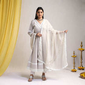 Lace Work Grey Plain Cotton Anarkali Kurta with Dupatta Set