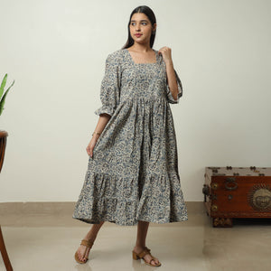 Grey - Pedana Kalamkari Block Printed Cotton Tiered Dress 05