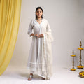 Lace Work Grey Plain Cotton Anarkali Kurta with Dupatta Set