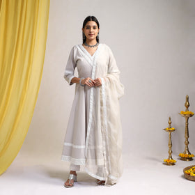 Lace Work Grey Plain Cotton Anarkali Kurta with Dupatta Set