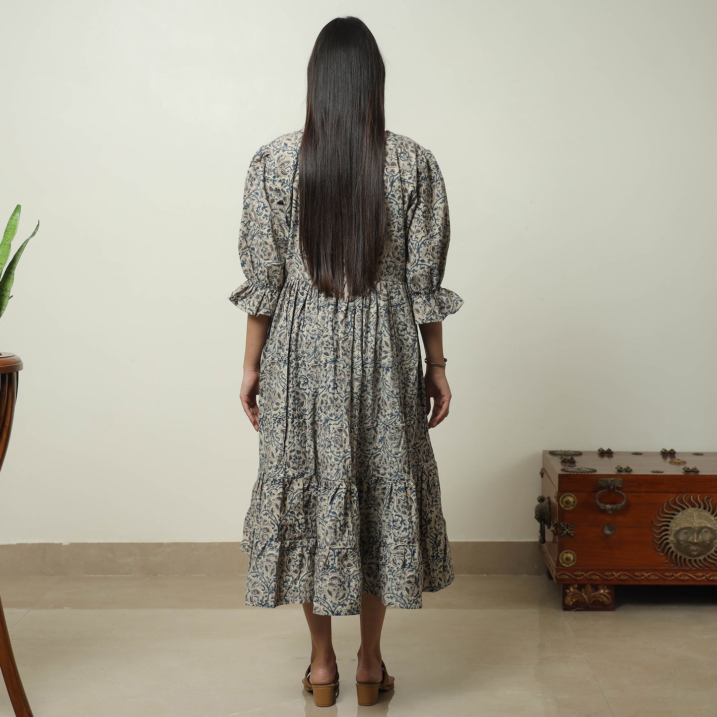 Grey - Pedana Kalamkari Block Printed Cotton Tiered Dress 05