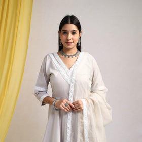 Lace Work Grey Plain Cotton Anarkali Kurta with Dupatta Set