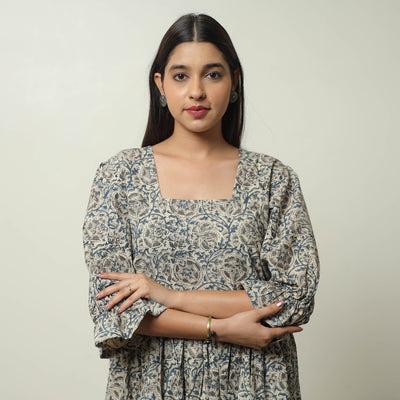 Grey - Pedana Kalamkari Block Printed Cotton Tiered Dress 05