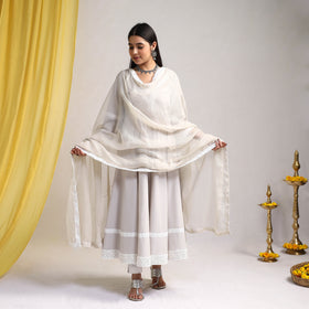 Lace Work Grey Plain Cotton Anarkali Kurta with Dupatta Set