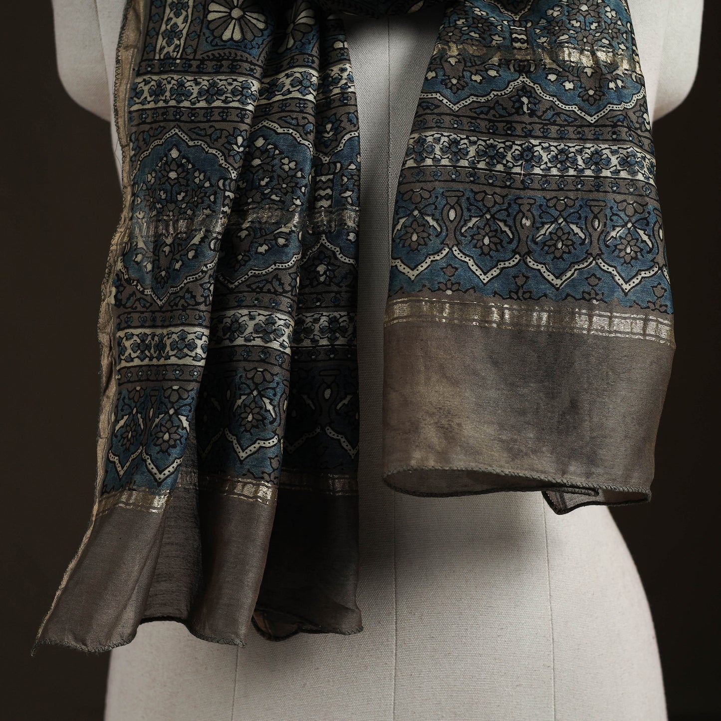 Handloom Chanderi Silk Ajrakh Hand Block Print Natural Dyed Stole 15