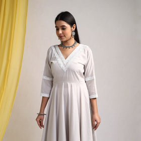 Lace Work Grey Plain Cotton Anarkali Kurta with Dupatta Set