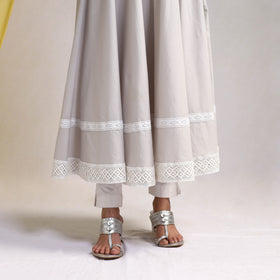 Lace Work Grey Plain Cotton Anarkali Kurta with Dupatta Set