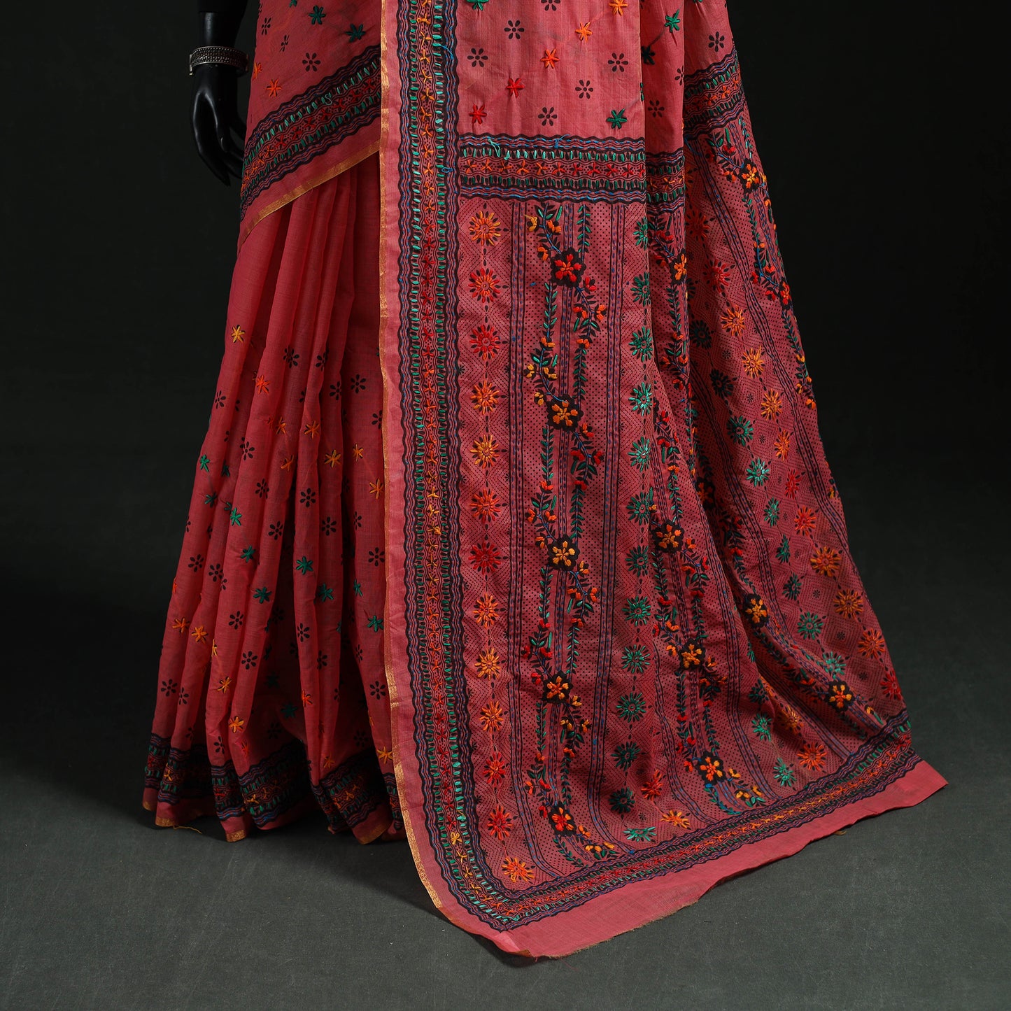 Bengal Kantha Hand Embroidery Silk Cotton Chapa Work Saree 61