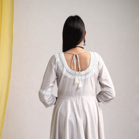 Lace Work Grey Plain Cotton Anarkali Kurta with Dupatta Set