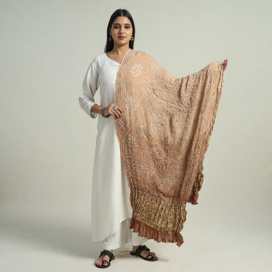 Brown - Kutch Bandhani Tie-Dye Modal Silk Zari Border Dupatta 68