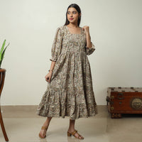 Beige - Pedana Kalamkari Block Printed Cotton Tiered Dress 06