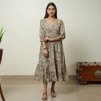 Beige - Pedana Kalamkari Block Printed Cotton Tiered Dress 06