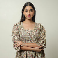 Beige - Pedana Kalamkari Block Printed Cotton Tiered Dress 06