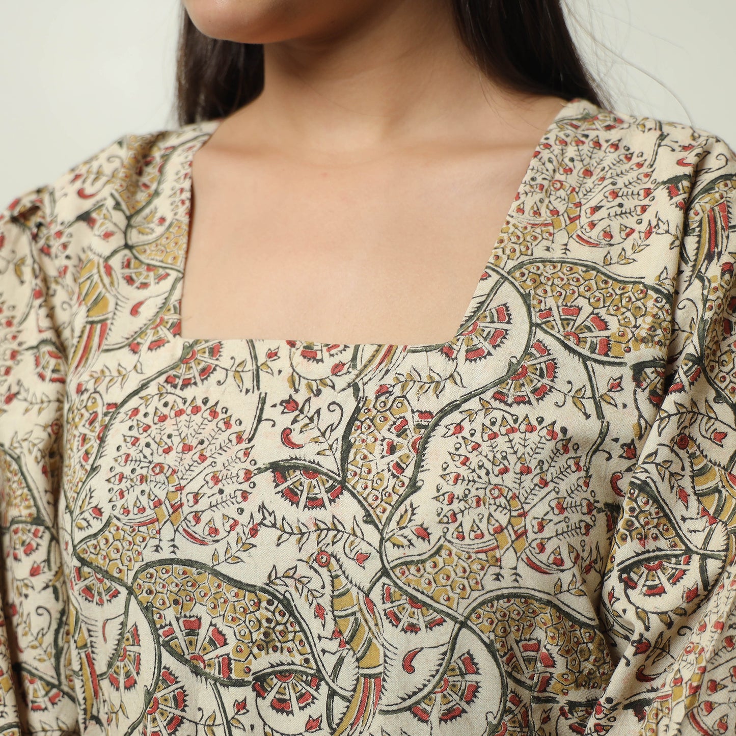 Beige - Pedana Kalamkari Block Printed Cotton Tiered Dress 06