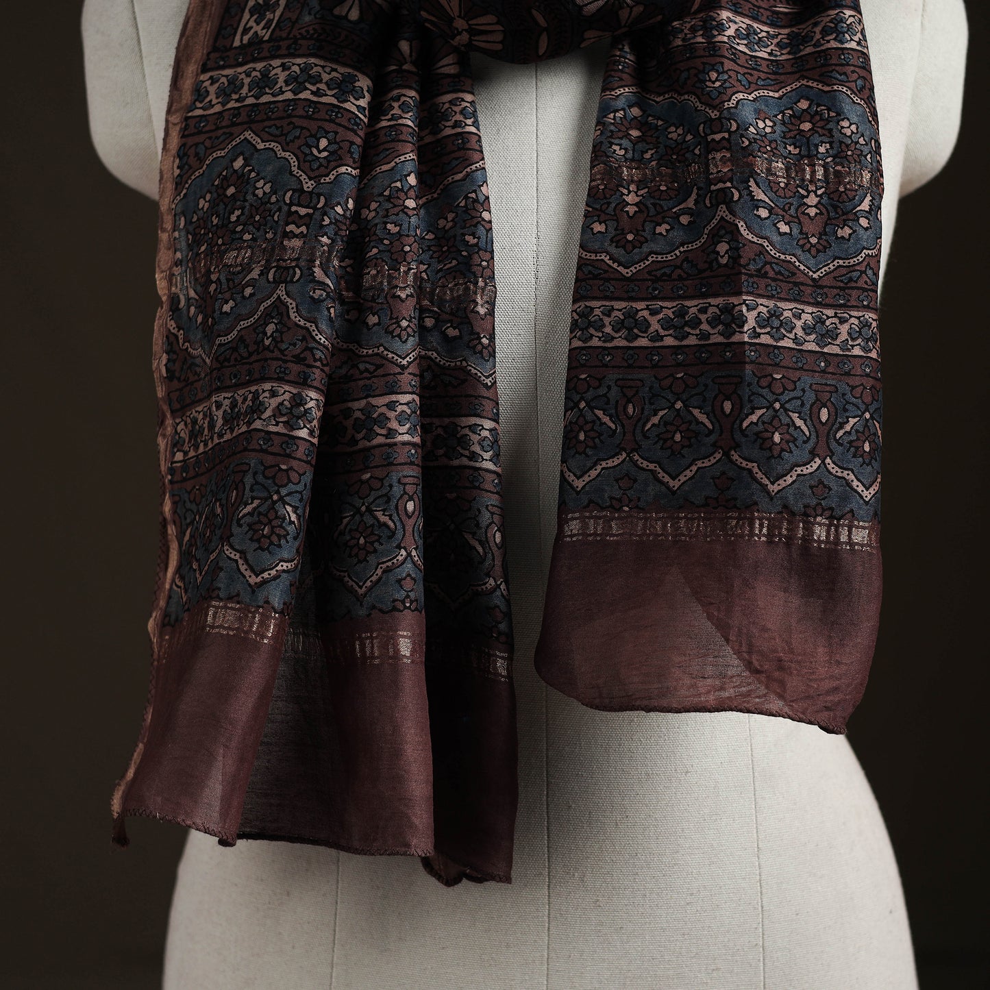 Handloom Chanderi Silk Ajrakh Hand Block Print Natural Dyed Stole 18