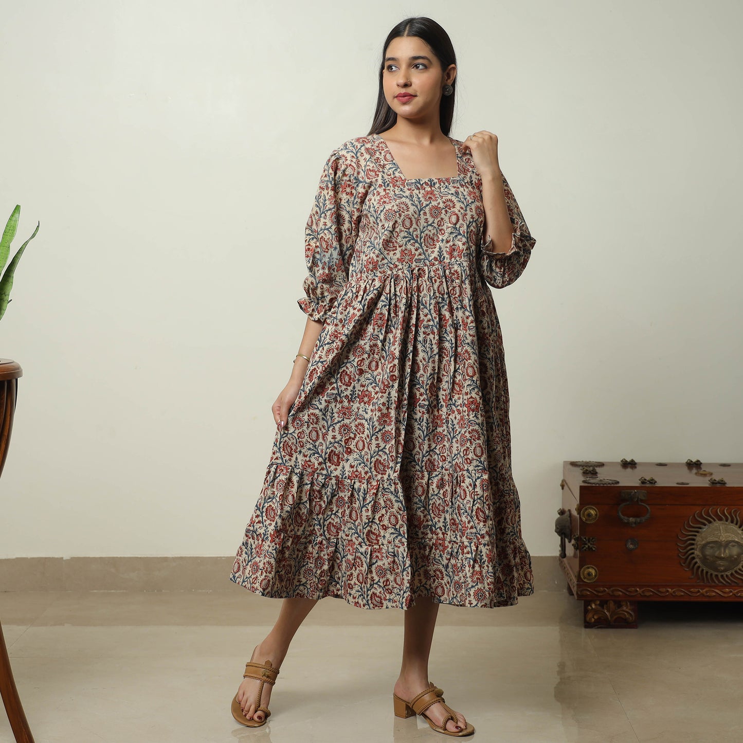 Beige - Pedana Kalamkari Block Printed Cotton Tiered Dress 07