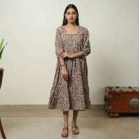 Beige - Pedana Kalamkari Block Printed Cotton Tiered Dress 07