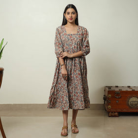 Buy Pedana Kalamkari Block Printed Cotton Tiered Dress 07 Online at iTokri.com