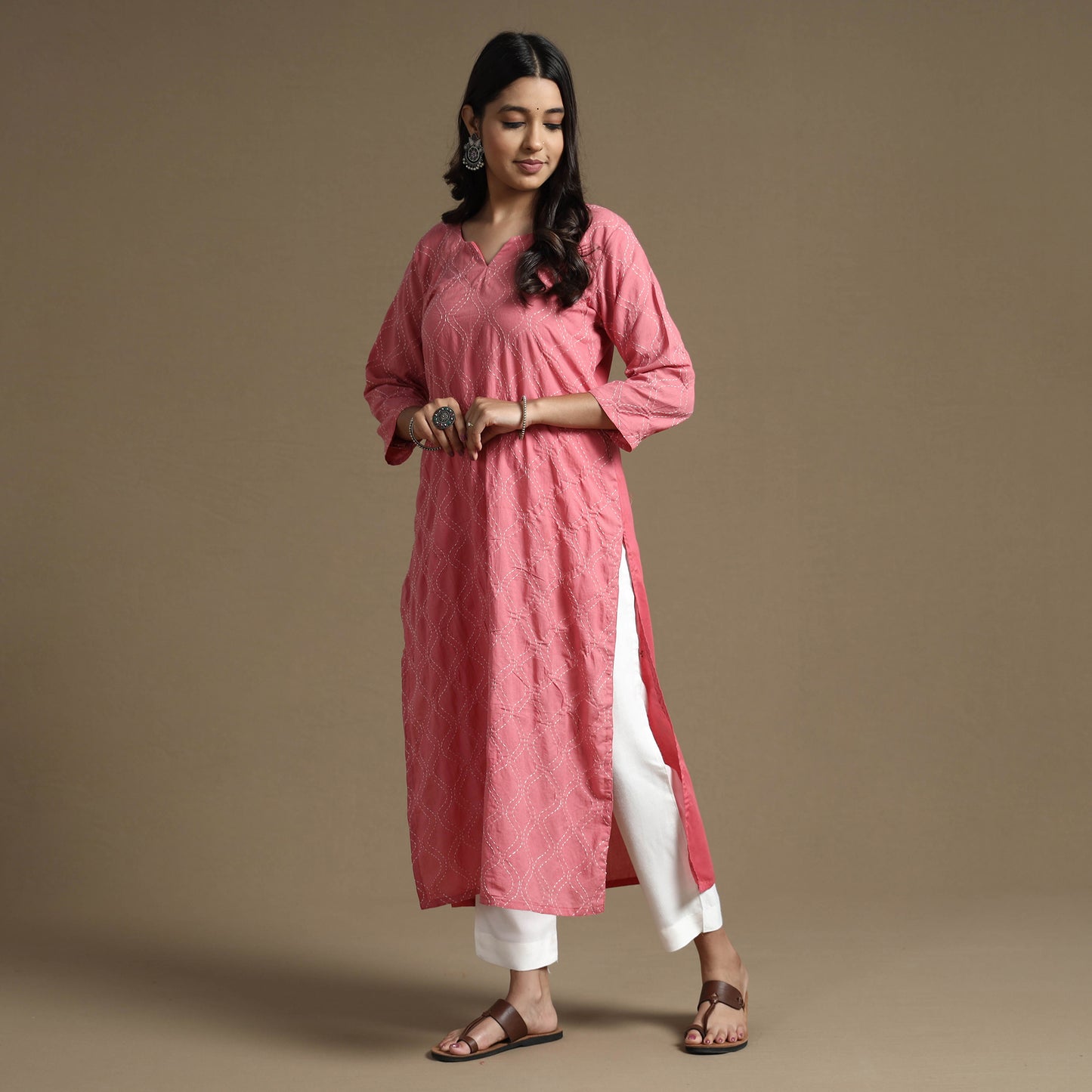 Pink Plain Cotton Tagai Work Long Kurta