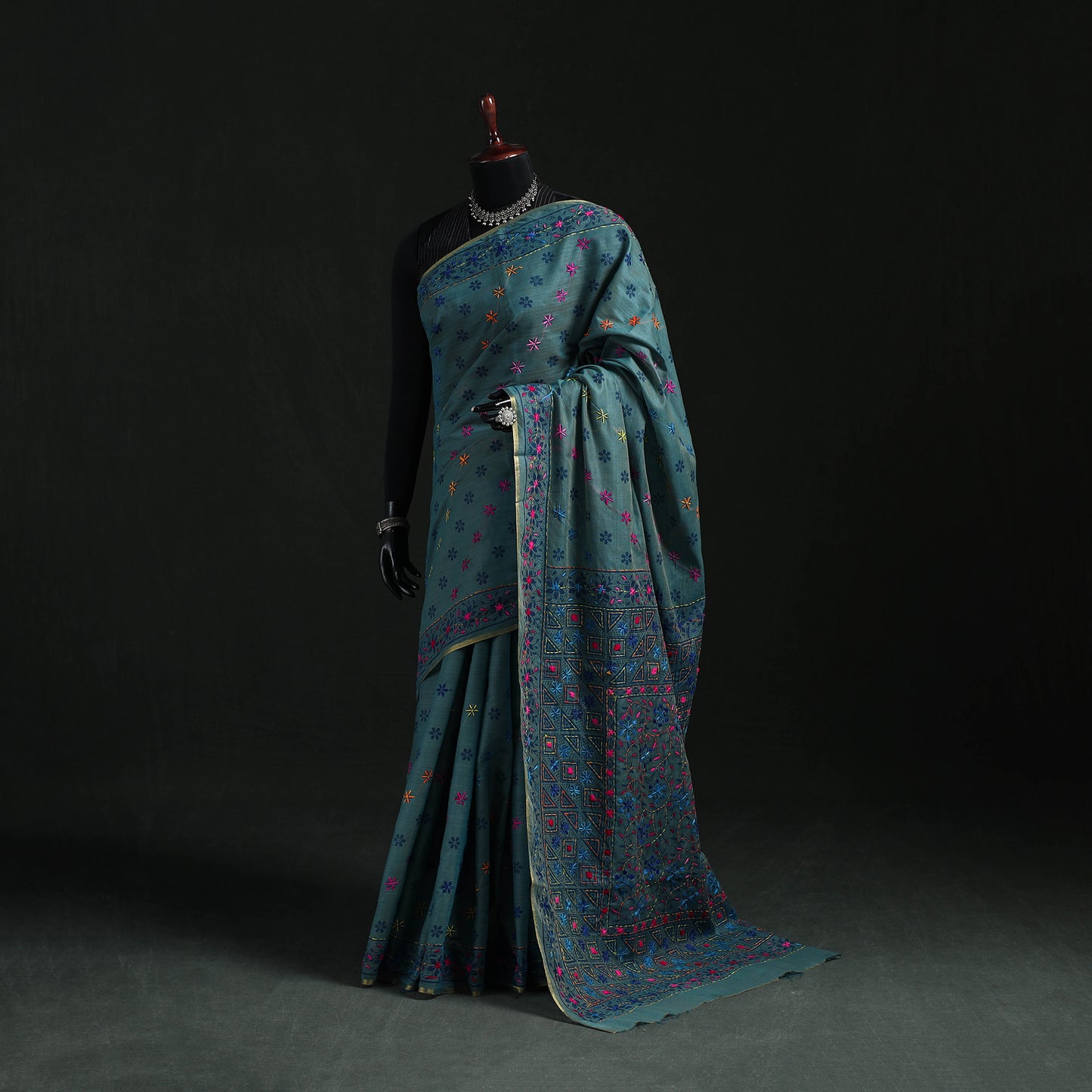 Blue - Bengal Kantha Hand Embroidery Silk Cotton Chapa Work Saree 64