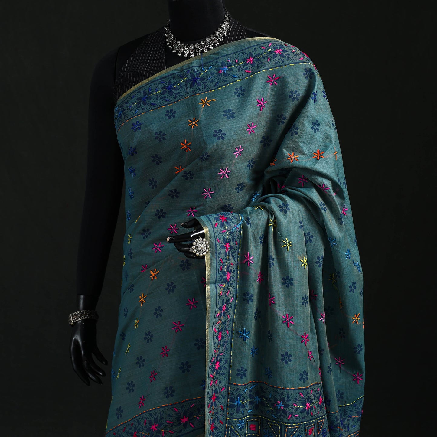 Blue - Bengal Kantha Hand Embroidery Silk Cotton Chapa Work Saree 64