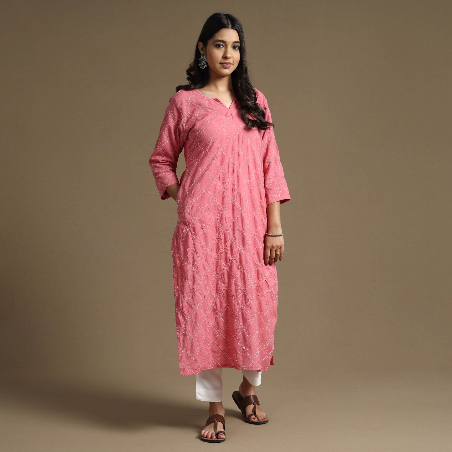 Pink Plain Cotton Tagai Work Long Kurta