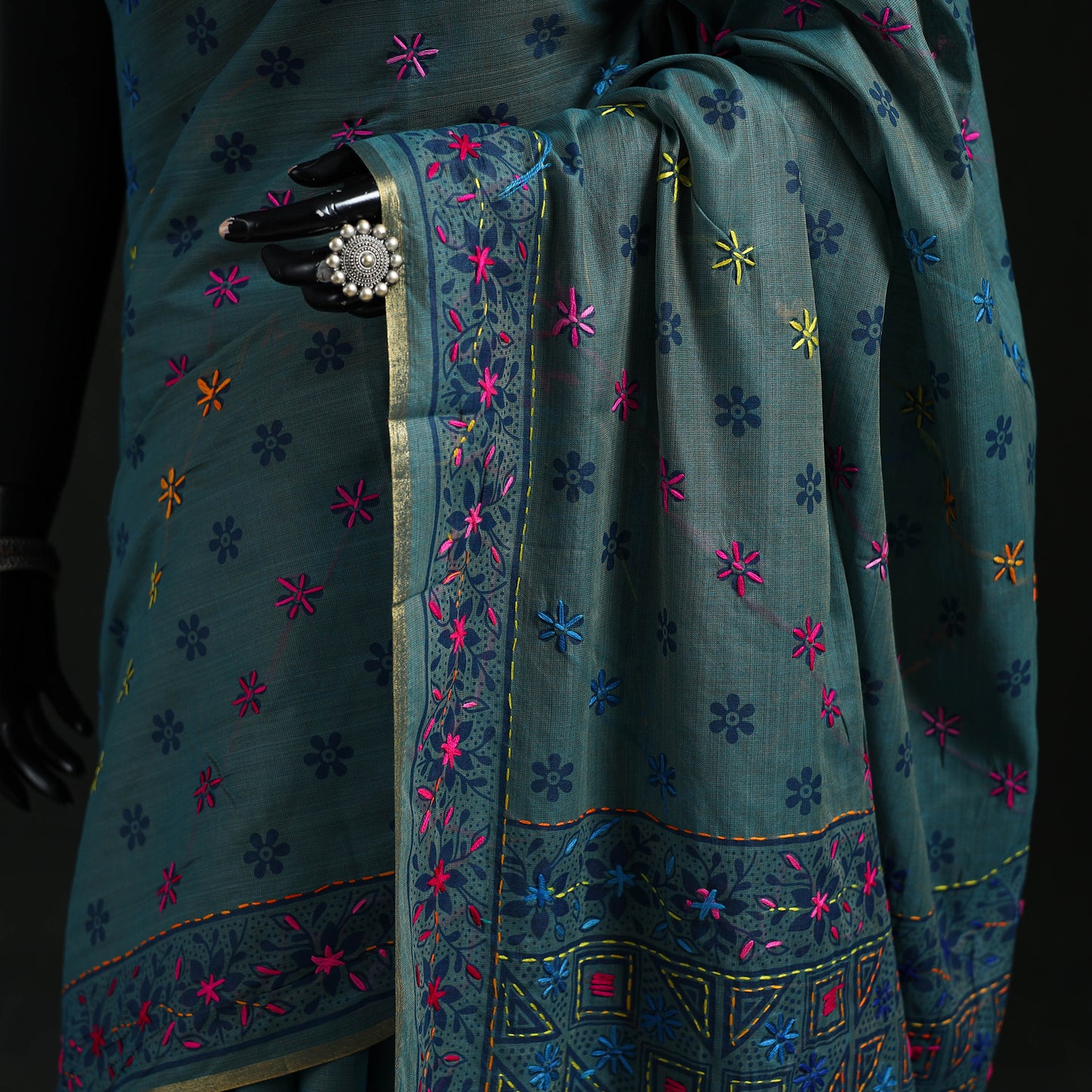 Blue - Bengal Kantha Hand Embroidery Silk Cotton Chapa Work Saree 64