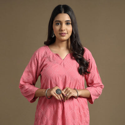 Pink Plain Cotton Tagai Work Long Kurta