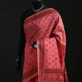 Pink - Bengal Kantha Hand Embroidery Silk Cotton Chapa Work Saree 65