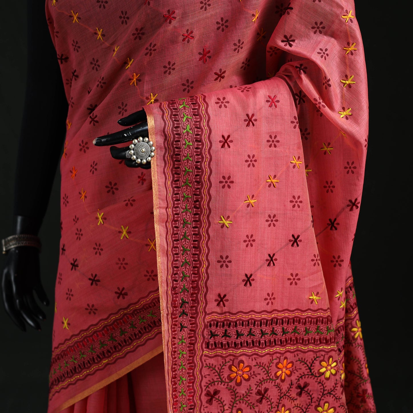 Pink - Bengal Kantha Hand Embroidery Silk Cotton Chapa Work Saree 65
