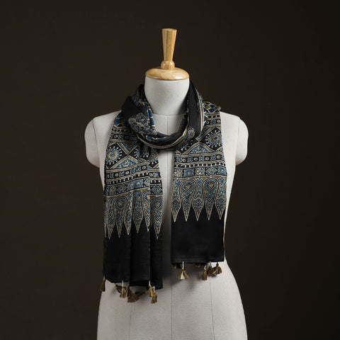 Hand Block Print Natural Dyed Modal Silk Ajrakh Stole 02