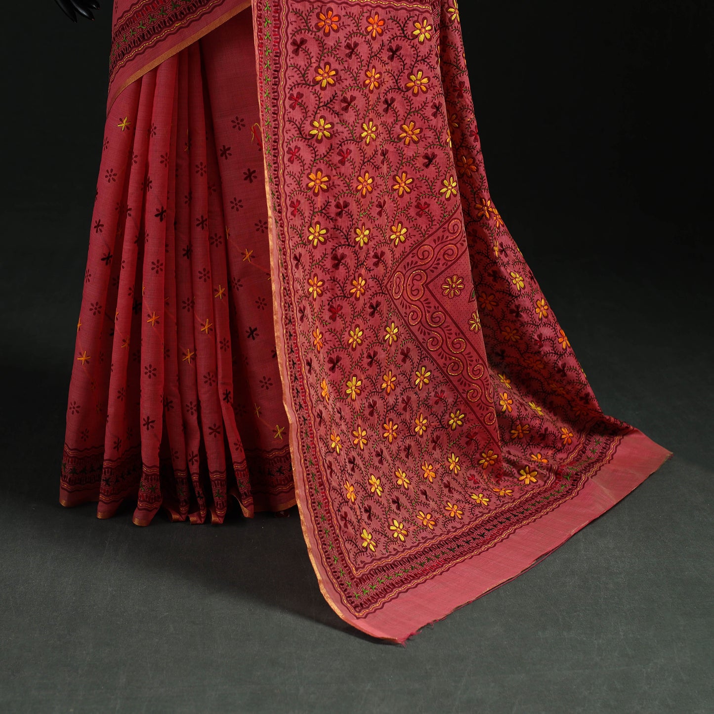 Pink - Bengal Kantha Hand Embroidery Silk Cotton Chapa Work Saree 65