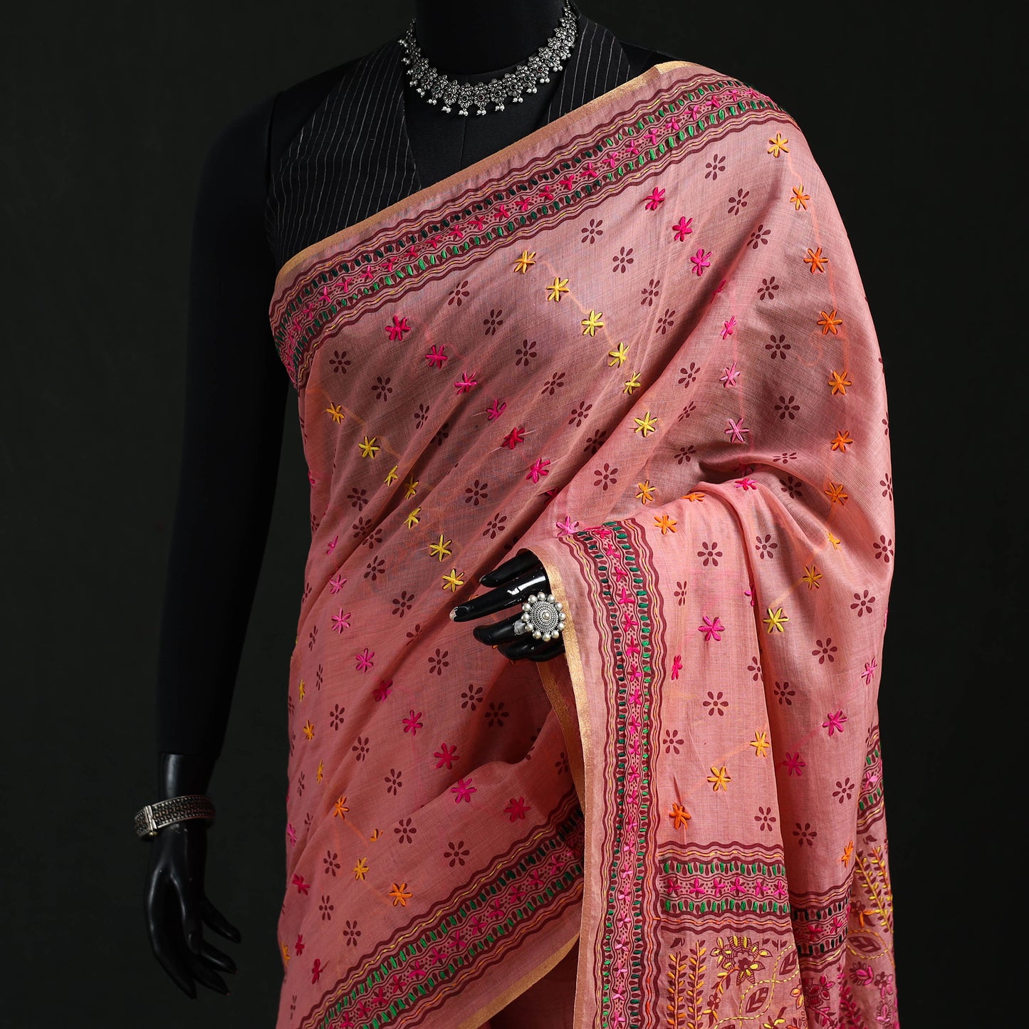 Pink - Bengal Kantha Hand Embroidery Silk Cotton Chapa Work Saree 66