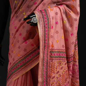 Pink - Bengal Kantha Hand Embroidery Silk Cotton Chapa Work Saree 66