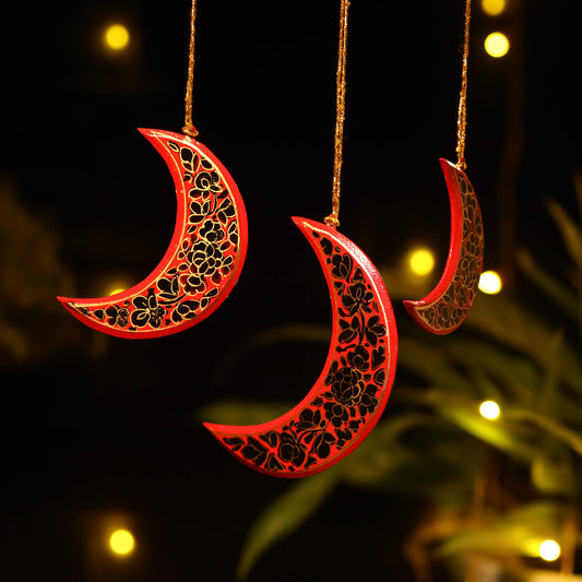 Moon - Kashmir Handpainted Wooden Christmas Ornament (Set of 3)