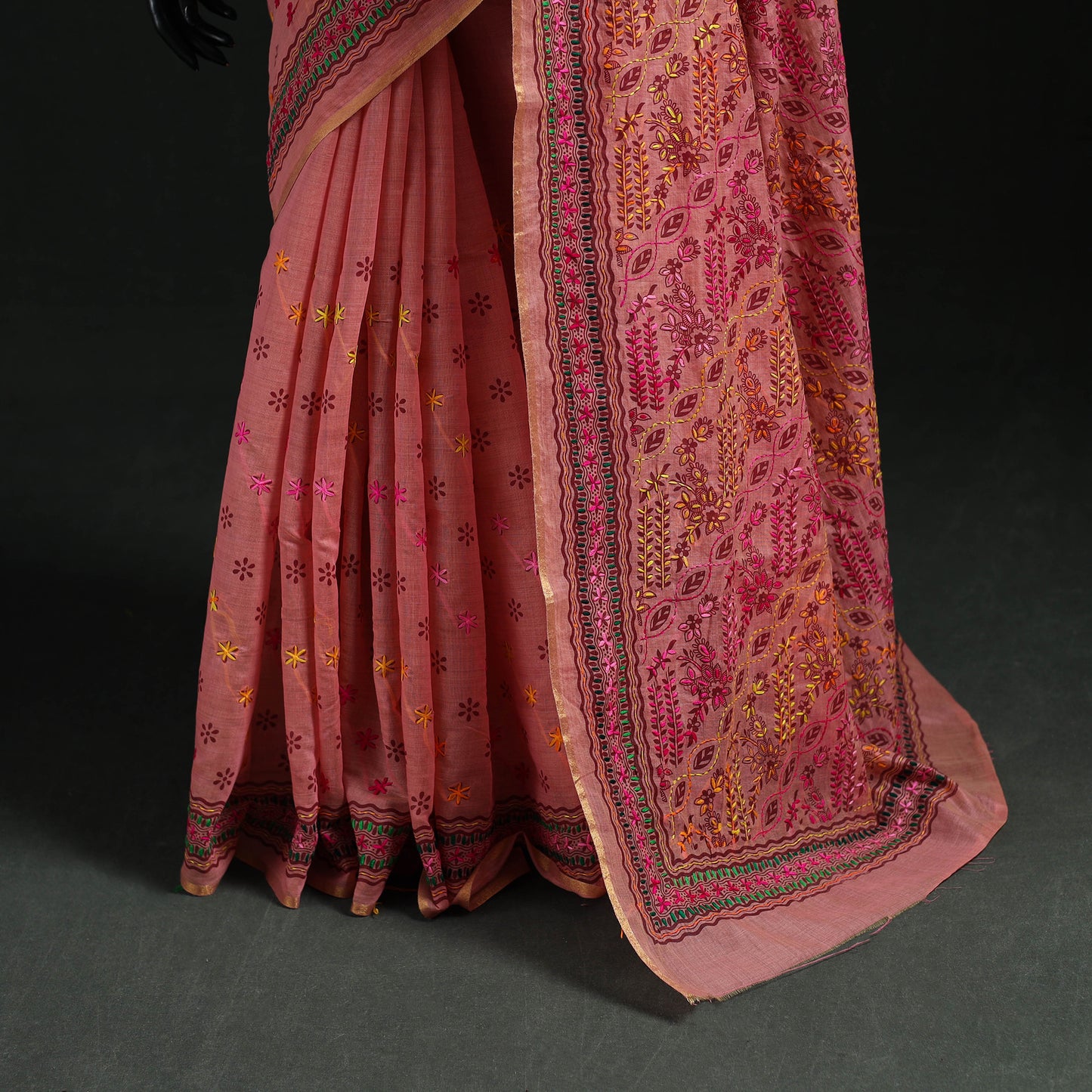Pink - Bengal Kantha Hand Embroidery Silk Cotton Chapa Work Saree 66