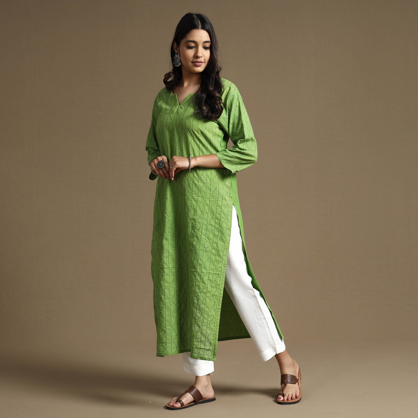 Apple Green Plain Cotton Tagai Work Long Kurta