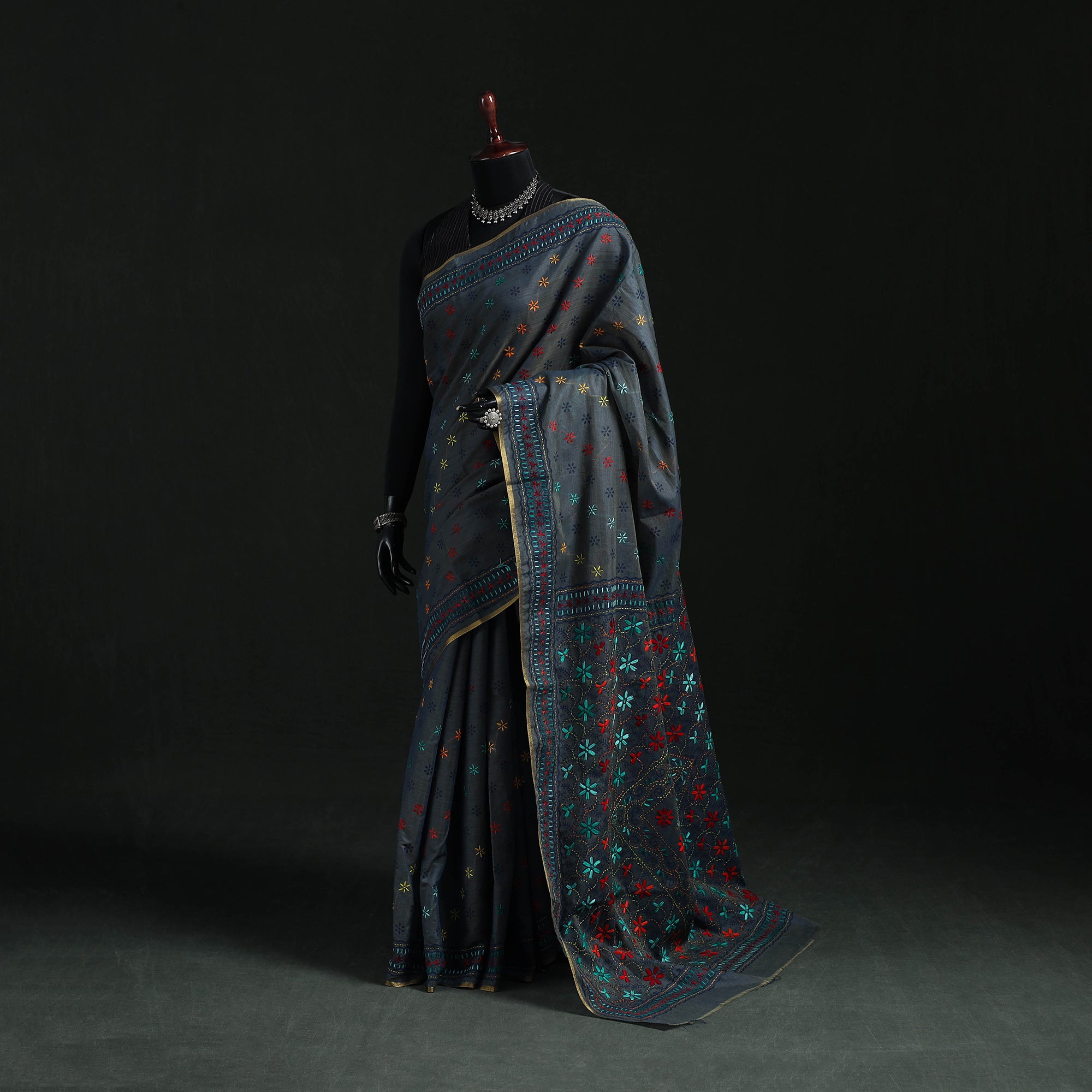Hand Chapa Black Bengal Kantha Hand Embroidery Silk Cotton Chapa Work Saree