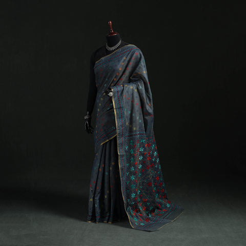 Bengal Kantha Hand Embroidery Silk Cotton Chapa Work Saree 67