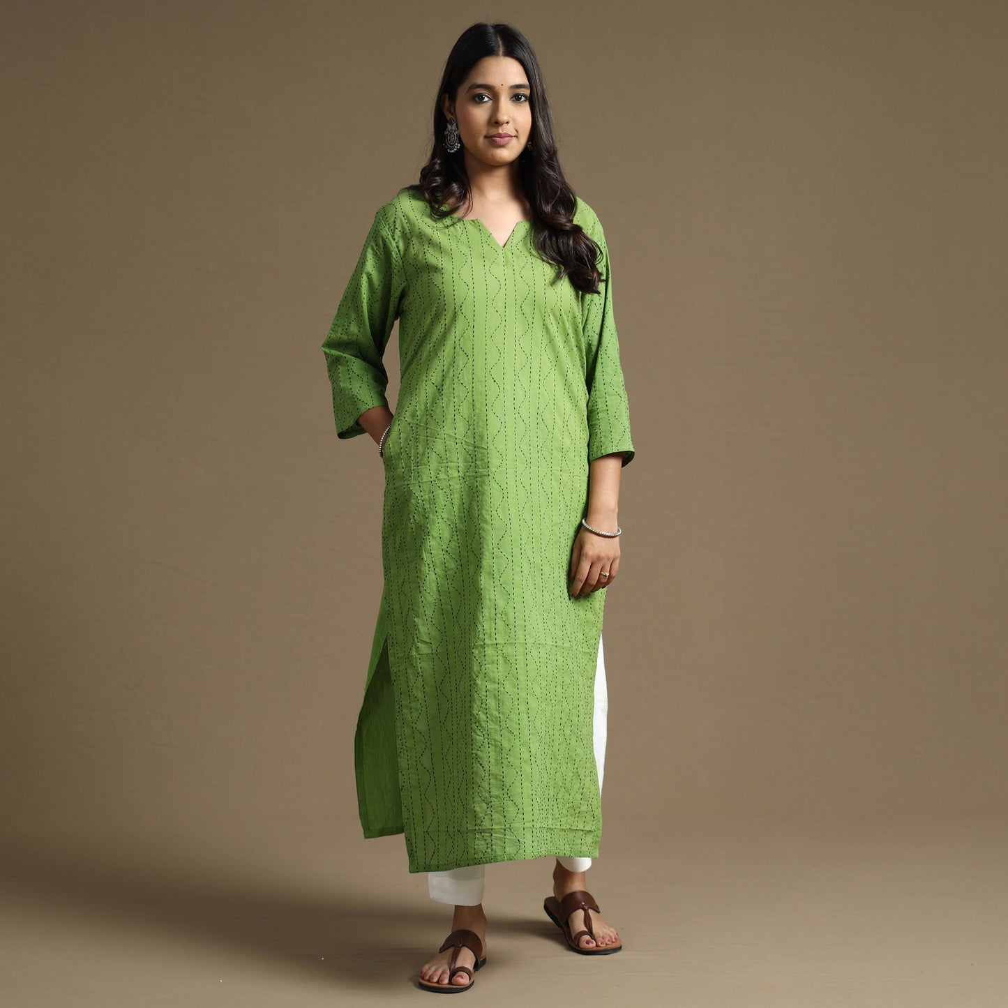 Apple Green Plain Cotton Tagai Work Long Kurta