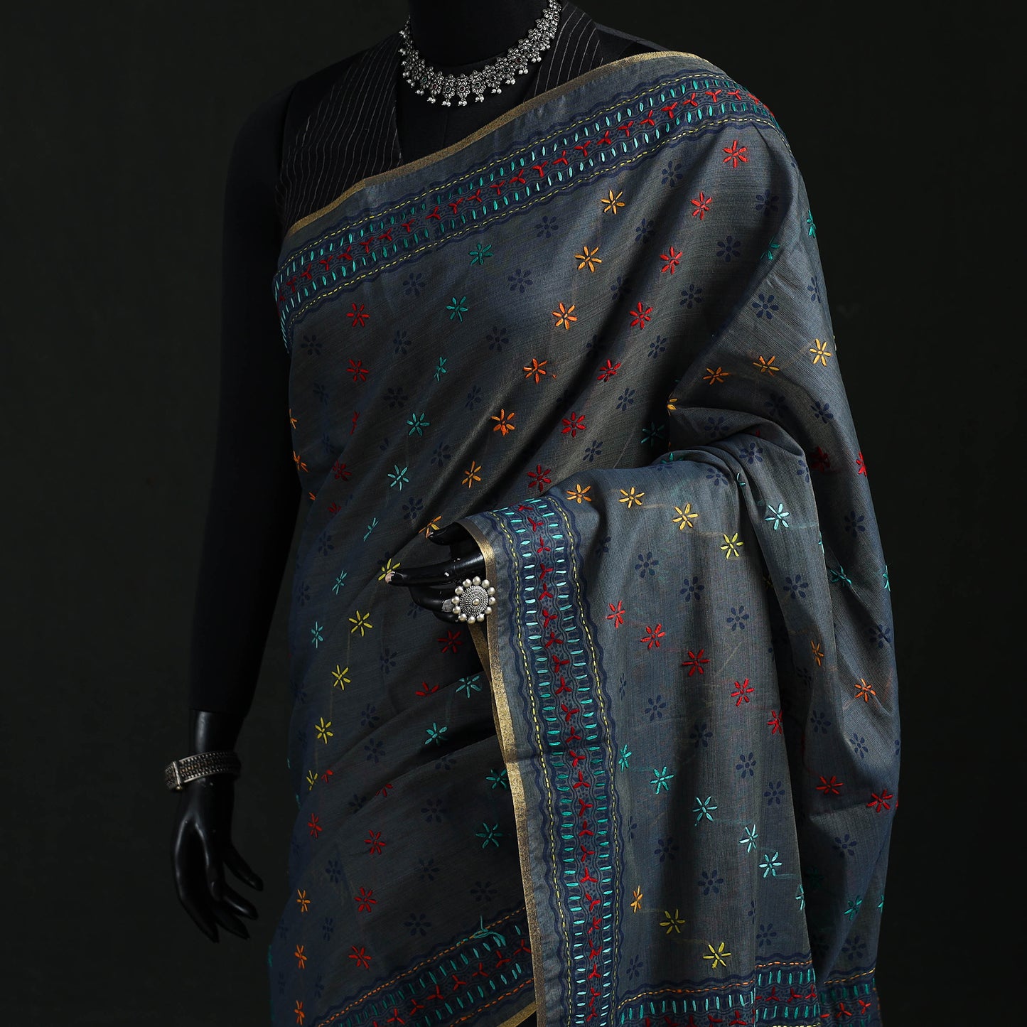 Bengal Kantha Hand Embroidery Silk Cotton Chapa Work Saree 67