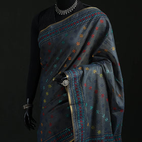 Bengal Kantha Hand Embroidery Silk Cotton Chapa Work Saree 67