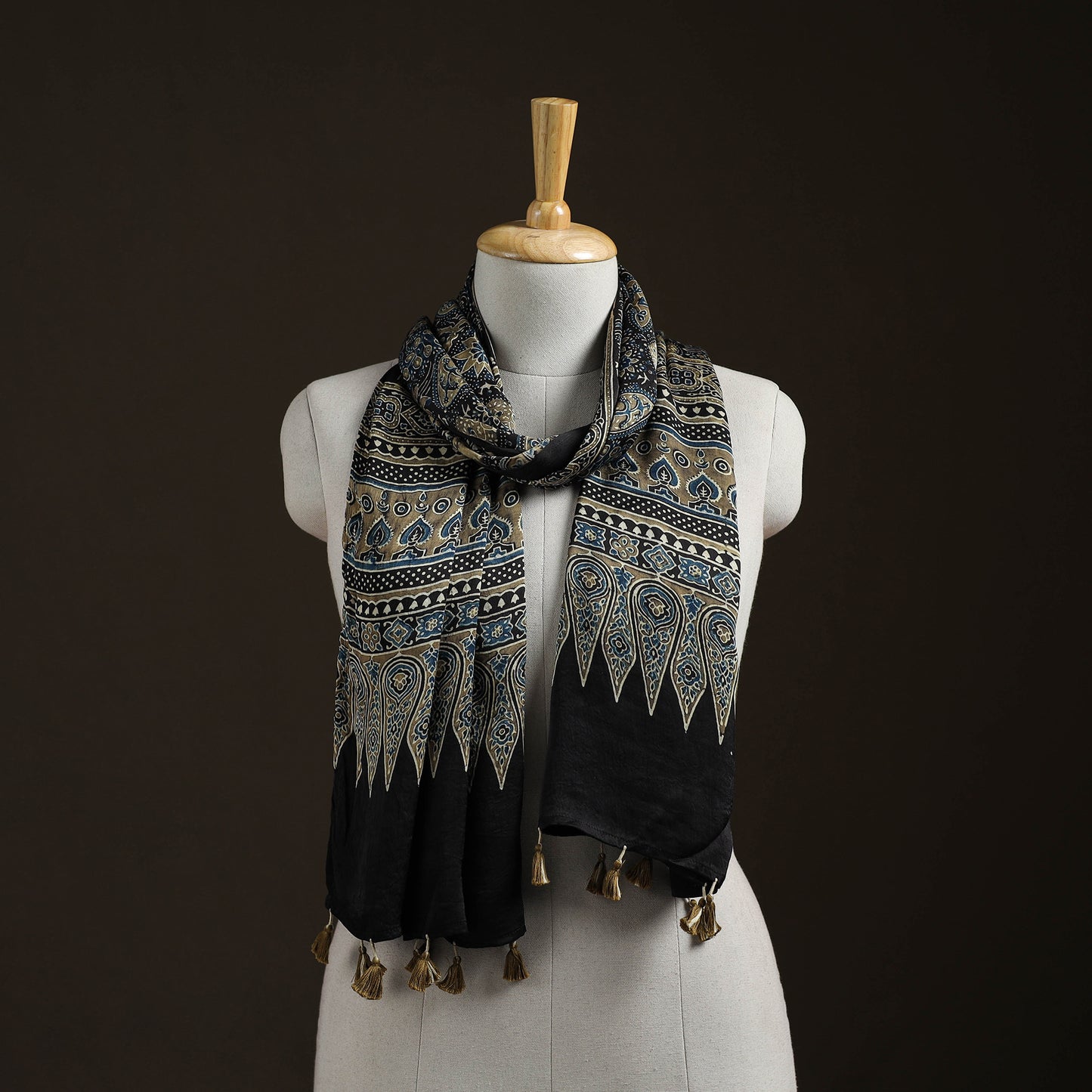 Hand Block Print Natural Dyed Modal Silk Ajrakh Stole 05