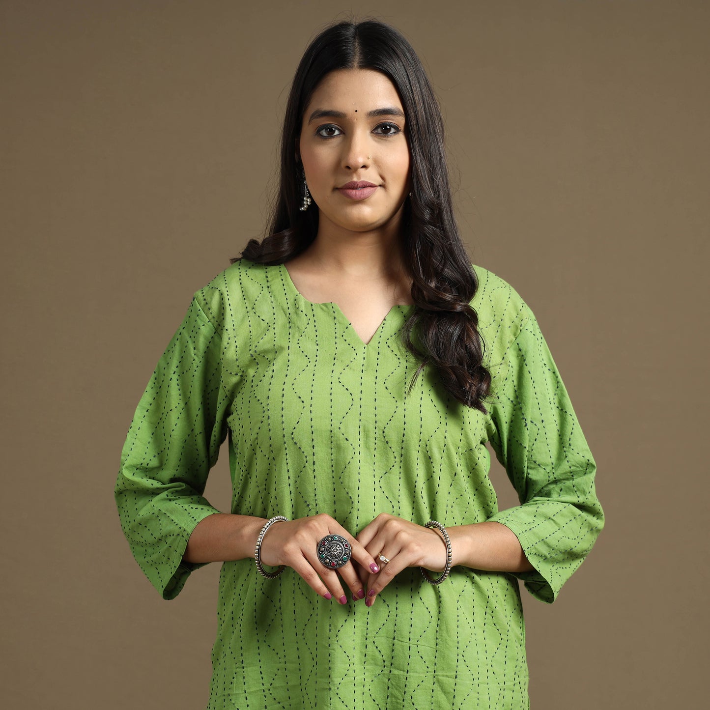 Apple Green Plain Cotton Tagai Work Long Kurta