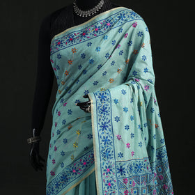 Blue - Bengal Kantha Hand Embroidery Silk Cotton Chapa Work Saree 68