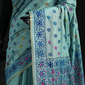 Blue - Bengal Kantha Hand Embroidery Silk Cotton Chapa Work Saree 68