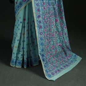 Blue - Bengal Kantha Hand Embroidery Silk Cotton Chapa Work Saree 68