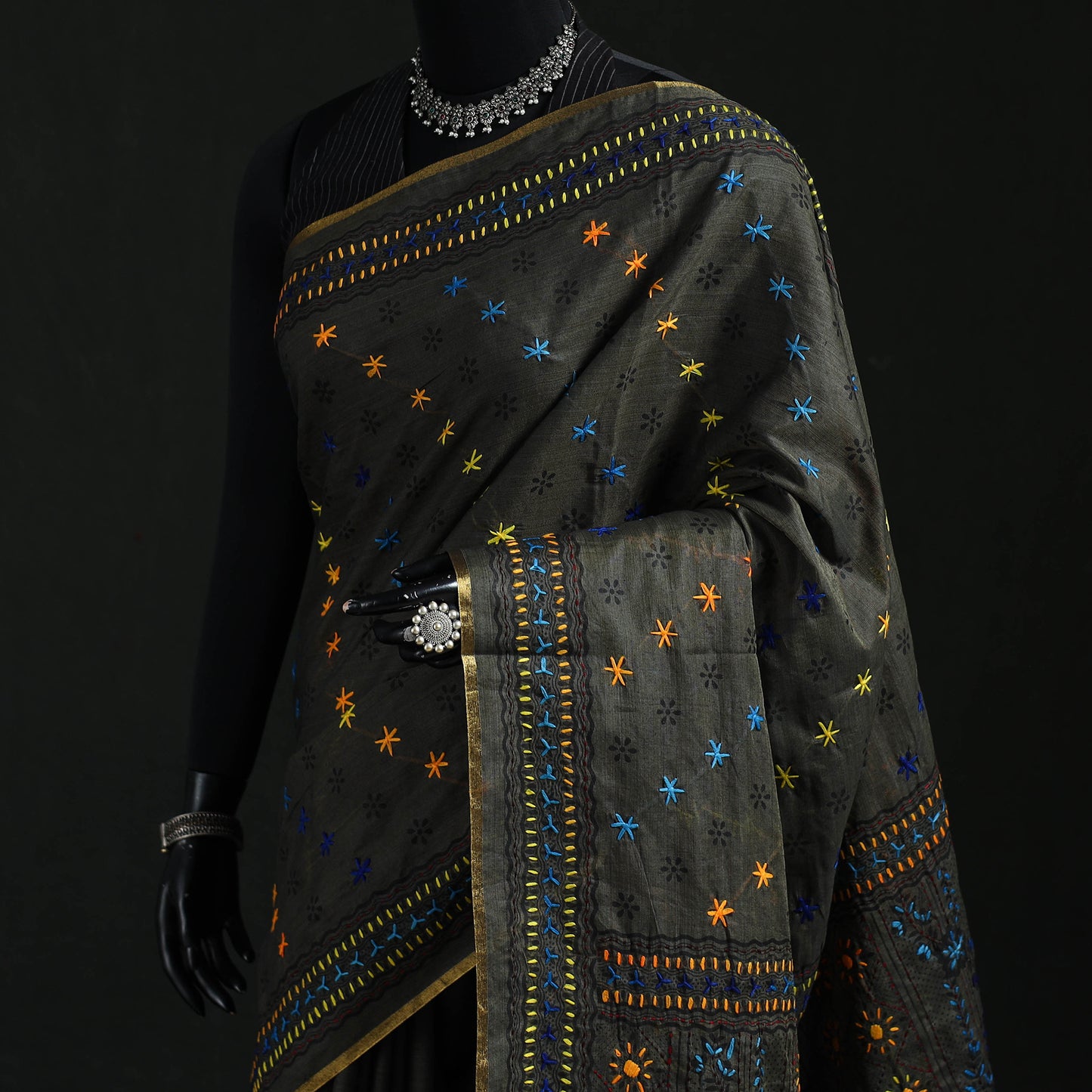 Black - Bengal Kantha Hand Embroidery Silk Cotton Chapa Work Saree 69