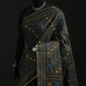 Black - Bengal Kantha Hand Embroidery Silk Cotton Chapa Work Saree 69