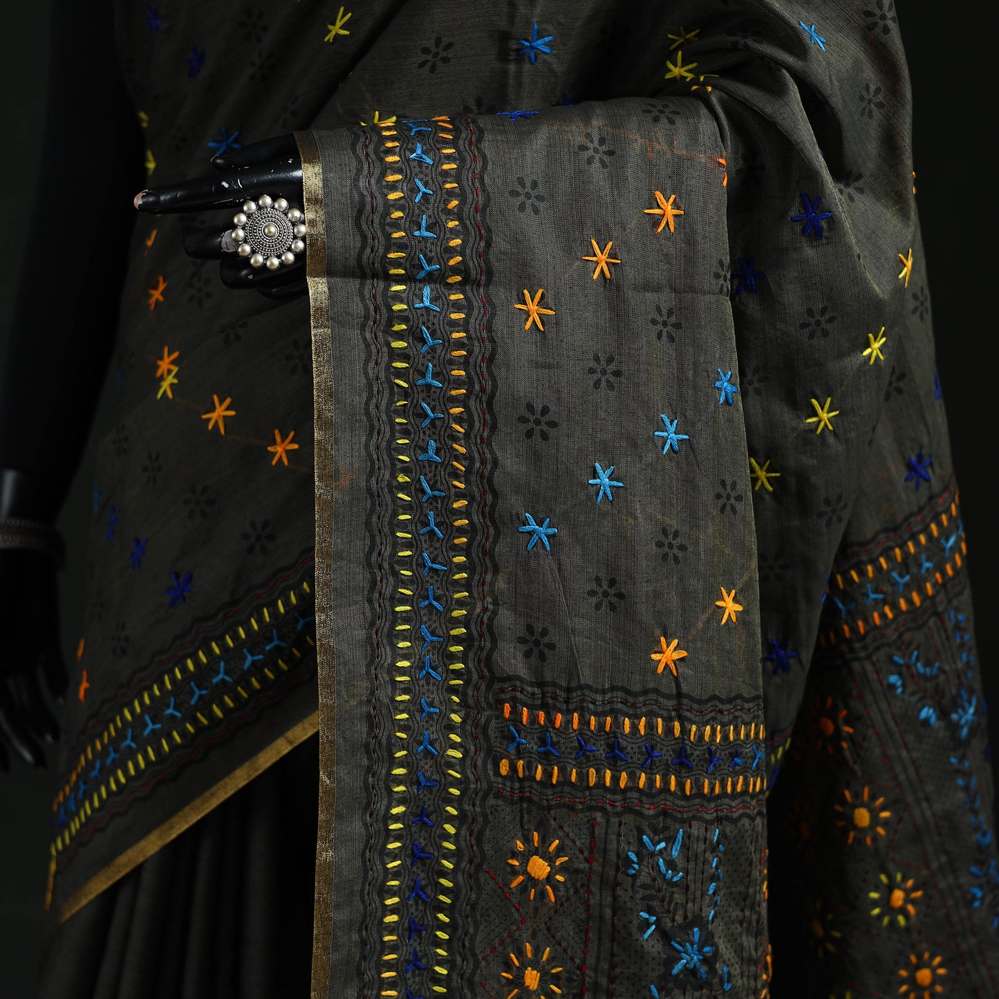 Black - Bengal Kantha Hand Embroidery Silk Cotton Chapa Work Saree 69